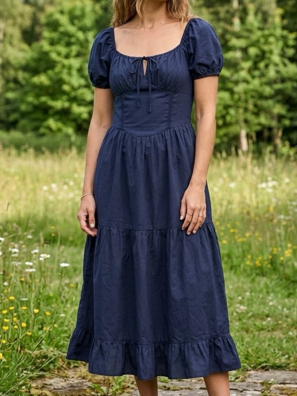 NWT Francescas Puff Sleeve Navy Midi Dress Size Medium